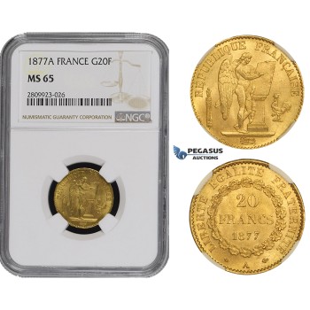 ZM501, France, Third Republic, 20 Francs 1877-A, Paris, Gold, NGC MS65