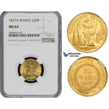 ZM502, France, Third Republic, 20 Francs 1877-A, Paris, Gold, NGC MS64