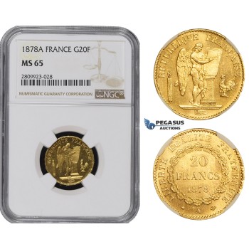 ZM503, France, Third Republic, 20 Francs 1878-A, Paris, Gold, NGC MS65 (Prooflike)