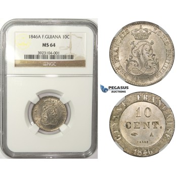ZM51, French Guiana, Louis Philippe I, 10 Centimes 1846-A, Paris, Silver, NGC MS64
