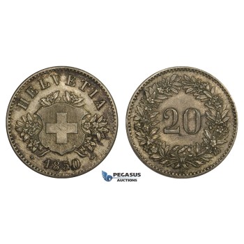 ZM527, Switzerland, 20 Rappen 1850-BB, Strasbourg, Silver, Toned XF-AU