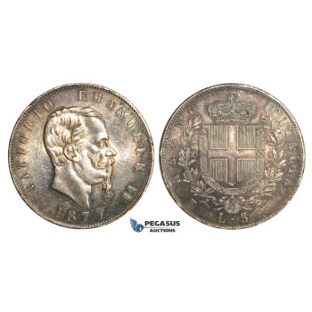 ZM540, Italy, Vit. Emanuele II, 5 Lire 1877-R, Rome, Silver, Toned AU