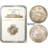 ZM55, French Indo-China, 10 Centimes 1910-A, Paris, Silver, NGC AU58
