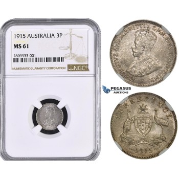 ZM556, Australia, George V, Threepence (3P) 1915, Silver, NGC MS61, Rare!