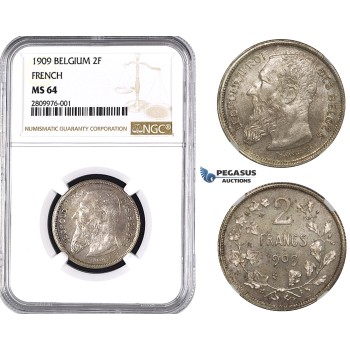 ZM557, Belgium, Leopold II, 2 Francs 1909 (French Legend) Silver, NGC MS64