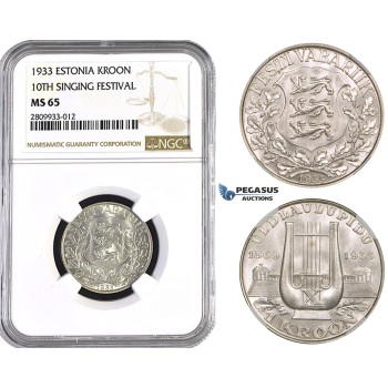 ZM574, Estonia, 1 Kroon 1933, Silver, NGC MS65