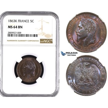 ZM577, France, Napoleon III, 5 Centimes 1863-K, Bordeaux, NGC MS64BN