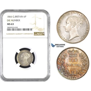 ZM582, Great Britain, Victoria, Sixpence 1866 die #26, Silver, NGC MS63