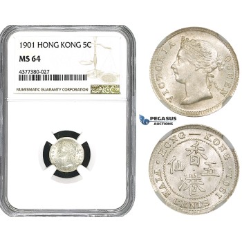 ZM586, Hong Kong, Victoria, 5 Cents 1901, Silver, NGC MS64