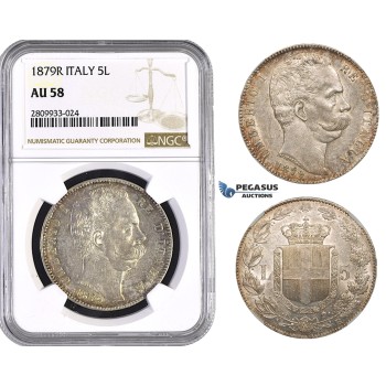 ZM588, Italy, Umberto I, 5 Lire 1879-R, Rome, Silver, NGC AU58