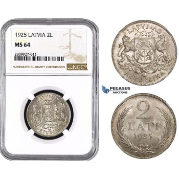 ZM590, Latvia, 2 Lati 1925, Silver, NGC MS64