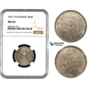 ZM604, Palestine, 50 Mils 1931, London, Silver, NGC MS63, Extremely Rare!