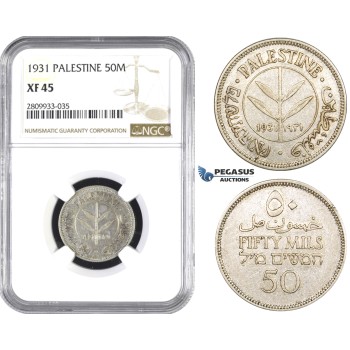 ZM605, Palestine, 50 Mils 1931, London, Silver, NGC XF45