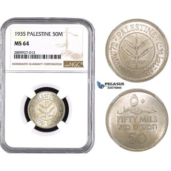 ZM606, Palestine, 50 Mils 1935, London, Silver, NGC MS64