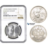 ZM614, Russia, Nicholas II, Rouble 1913 (Romanov Dynasty) Silver, NGC MS63 (Low relief)