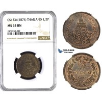 ZM619, Thailand, Rama V, 1/2 Pai CS1236 (1874) NGC MS63BN ZM619, Thailand, Rama V, 1/2 Pai CS1236 (1874) NGC MS63BN