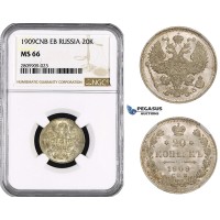 ZM641, Russia, Nicholas II, 20 Kopeks 1909 СПБ-ЭБ, St. Petersburg, Silver, NGC MS66