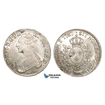 ZM679, France, Louis XVI, Ecu 1787, Pau, Silver, Lustrous XF-UNC (Die flaw)
