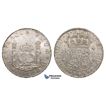 ZM683, Mexico, Charles III, Pillar 8 Reales 1763 Mo MF, Mexico City, Silver, Cleaned XF