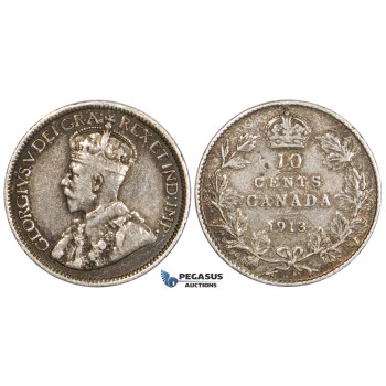 ZM733, Canada, Geroge V, 10 Cents 1913 Broad Leaves, Silver, Toned VF-XF (Circular mark on Rev)