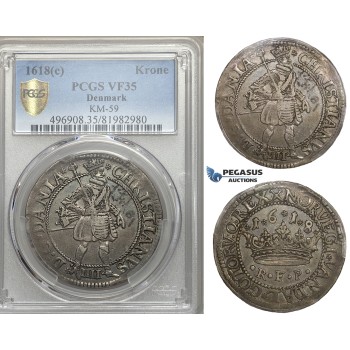 ZM739, Denmark, Christian IV, Krone /4 Mark 1618, Copenhagen, Silver, S. 84.8, PCGS VF35, Rare!