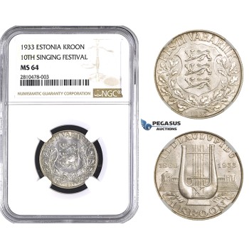 ZM743, Estonia, 1 Kroon 1933, Silver, NGC MS64