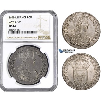 ZM747, France, Louis XIV, Ecu 1649 &, Aix en Provence, Silver, NGC MS62, Pop 1/0, Rare!