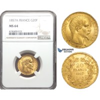 ZM748, France, Napoleon III, 20 Francs 1857-A, Paris, Gold, NGC MS64