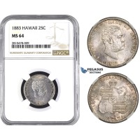 ZM750, Hawaii, Kalakaua I, 1/4 Dollar (25C) 1883, Silver, NGC MS64