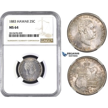 ZM750, Hawaii, Kalakaua I, 1/4 Dollar (25C) 1883, Silver, NGC MS64