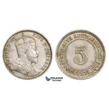 ZM765, Straits Settlements, Edward VII, 5 Cents 1903, Silver, UNC (Minor scratch on Obv.)