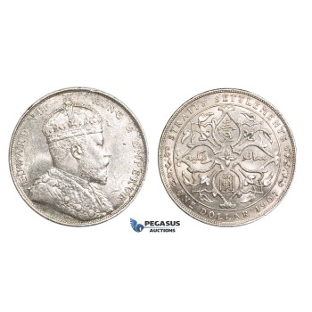 ZM766, Straits Settlements, Edward VII, Dollar 1907, Bombay, Silver, Lustrous AU-UNC