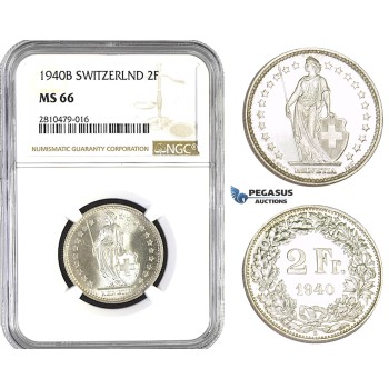 ZM767, Switzerland, 2 Francs 1940-B, Bern, Silver, NGC MS66 (Looks like a SP)