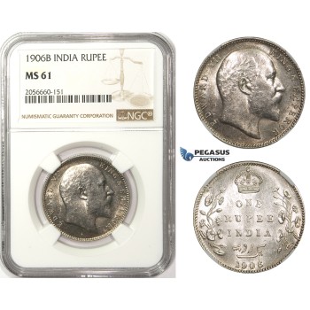 ZM77, India (British) Edward VII, 1 Rupee 1906-B, Bombay, Silver, NGC MS61