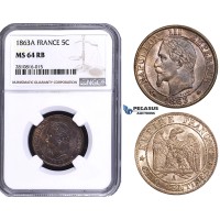 ZM812, France, Napoleon III, 5 Centimes 1863-A, Paris, NGC MS64RB