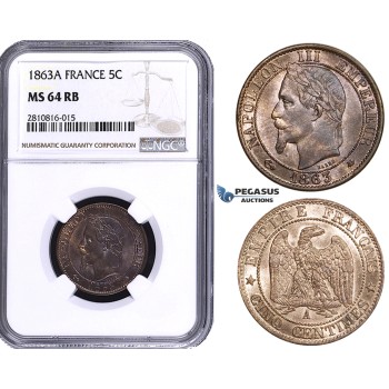 ZM812, France, Napoleon III, 5 Centimes 1863-A, Paris, NGC MS64RB