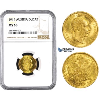 ZM826, Austria, Franz Joseph, Ducat 1914, Vienna, Gold, NGC MS65