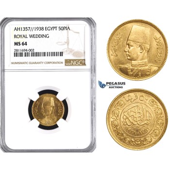 ZM830, Egypt, Farouk, 50 Piastres AH1357/1938 (Royal Wedding) Gold, NGC MS64