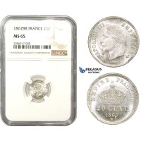 ZM838, France, Napoleon III, 20 Centimes 1867-BB, Strasbourg, Silver, NGC MS65