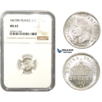 ZM838, France, Napoleon III, 20 Centimes 1867-BB, Strasbourg, Silver, NGC MS65