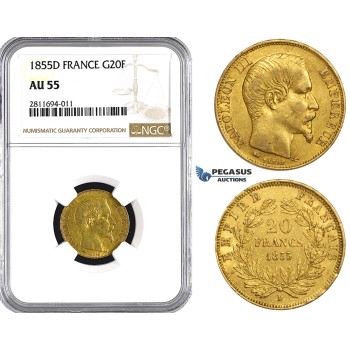 ZM839, France, Napoleon III, 20 Francs 1855-D, Lyon, Gold, NGC AU55