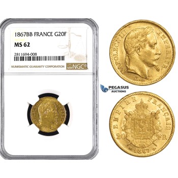 ZM840, France, Napoleon III, 20 Francs 1867-BB, Strasbourg, Gold, NGC MS62