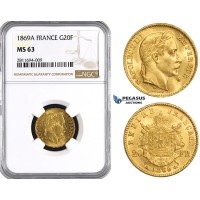 ZM841, France, Napoleon III, 20 Francs 1869-A, Paris, Gold, NGC MS63