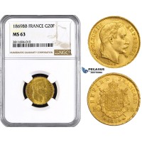 ZM842, France, Napoleon III, 20 Francs 1869-BB, Strasbourg, Gold, NGC MS63