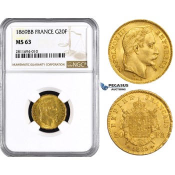 ZM842, France, Napoleon III, 20 Francs 1869-BB, Strasbourg, Gold, NGC MS63