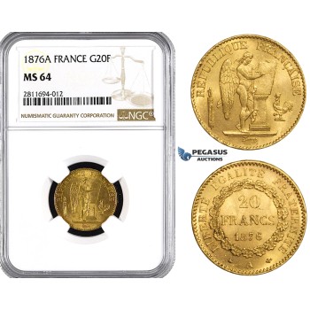 ZM843, France, Third Republic, 20 Francs 1876-A, Paris, Gold, NGC MS64