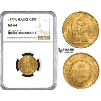 ZM844, France, Third Republic, 20 Francs 1877-A, Paris, Gold, NGC MS64