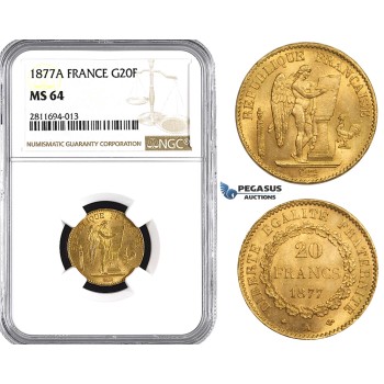 ZM844, France, Third Republic, 20 Francs 1877-A, Paris, Gold, NGC MS64
