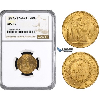 ZM845, France, Third Republic, 20 Francs 1877-A, Paris, Gold, NGC MS65