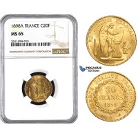 ZM846, France, Third Republic, 20 Francs 1898-A, Paris, Gold, NGC MS65